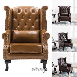 Chesterfield Wing Back Leather Armchair Sofa Tub Chair Fireside Wooden Black Leg