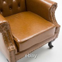 Chesterfield Wing Back Leather Armchair Sofa Tub Chair Fireside Wooden Black Leg