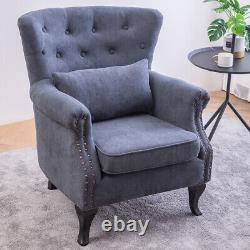 Chesterfield Wing Back Queen Anne Chair High Back Fireside Armchair Grey Fabric