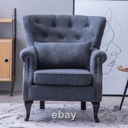 Chesterfield Wing Back Queen Anne Chair High Back Fireside Armchair Grey Fabric