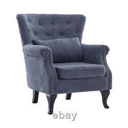 Chesterfield Wing Back Queen Anne Chair High Back Fireside Armchair Grey Fabric