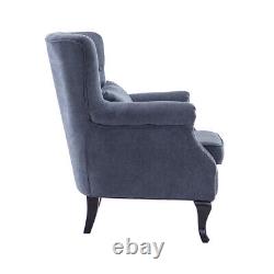 Chesterfield Wing Back Queen Anne Chair High Back Fireside Armchair Grey Fabric