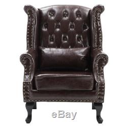 Chesterfield Wing Back Queen Anne Fireside Armchair Sofa Chair Seat Leather Stud
