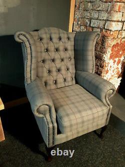 Chesterfield Wing Back Queen Anne Fireside Chair New Stylish Dark Grey Tartan