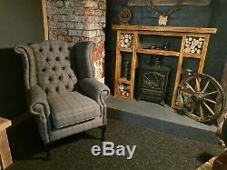 Chesterfield Wing Back Queen Anne Fireside Chair New Stylish Dark Grey Tartan