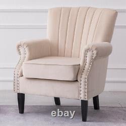 Creamy Velvet Armchair Studded Wing Back Queen Anne Sofa Fireside Lounge Chair