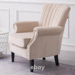 Creamy Velvet Armchair Studded Wing Back Queen Anne Sofa Fireside Lounge Chair