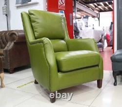 Crofter High Back Wing Chair Vintage Olive Green Leather Fireside Armchair