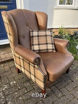 Custom leather and fabric wingback fireside armchair Great cond / high quality