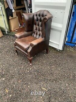 Dark Brown Leather Wing Back Chesterfield Armchair/ Fireside Chair
