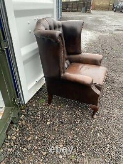 Dark Brown Leather Wing Back Chesterfield Armchair/ Fireside Chair