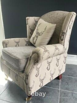 Deer Antler Stag Animal Print High Back Wing Chair Fireside Beige / Brown Fabric