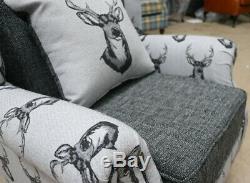 Deer Antler Stag Animal Print High Back Wing Chair Fireside Grey Fabric