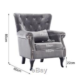 Deluxe Grey Velvet Chesterfield Chair Wing Back Fireside Tufted Fabric Armchair