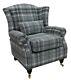 Dove Grey Tartan Fireside Queen Anne High Back Checked Fabric Wing Chair