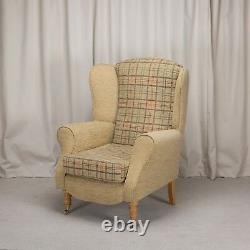 Duchess Wingback Chair Gold Check Fabric Fireside Armchair + Front Castors UK