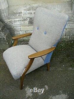 Fab Vintage Retro Mid Century MCM Wingback Fireside Chair Tweed & Blue Wool