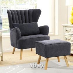 Fabric High Back Armchair Shell Back Chair Fireside Lounge Sofa with Foot Stool