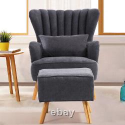 Fabric High Back Armchair Shell Back Chair Fireside Lounge Sofa with Foot Stool