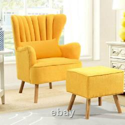 Fabric Upholstered Armchair Wing Back Fireside Sofa Chair with Cushion Footstool