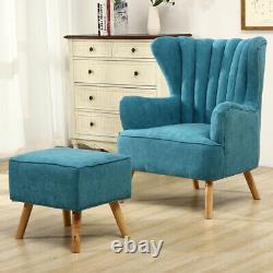 Fabric Upholstered Scallop Shell Wing Back Armchair Fireside Chair and Footstool
