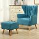 Fabric Upholstered Scallop Shell Wing Back Armchair Fireside Chair And Footstool