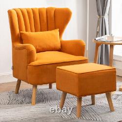 Fabric Upholstered Scallop Shell Wing Back Armchair Fireside Chair and Footstool