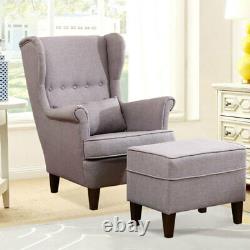 Fabric Wing Back Upholstered Armchair with Footstool Cushion Fireside Sofa Chair