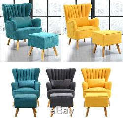 Fabric Winged Fluted Back Armchair Fireside Sofa Tub Chair with Footstool+Pillow
