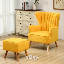 Fabric Winged Fluted Back Armchair Fireside Sofa Tub Chair with Footstool+Pillow