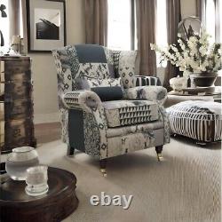 Fast Delivery Accent Wing Chair Fireside Cottage Charles Patchwork Beige