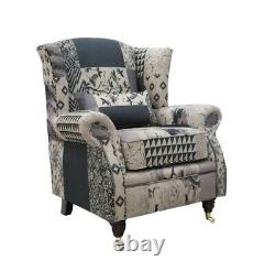 Fast Delivery Accent Wing Chair Fireside Cottage Charles Patchwork Beige Fabric