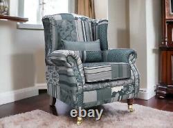 Fast Delivery Accent Wing Chair Fireside Cottage Charles Patchwork Grey