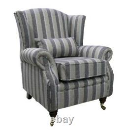 Fireside High Back Armchair Gleneagles Stripe Silver Fabric Wing Chair