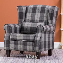 Fireside Wing Back Arm Chair Linen Checks Sofa Armchair Cushioned Seat with Pillow