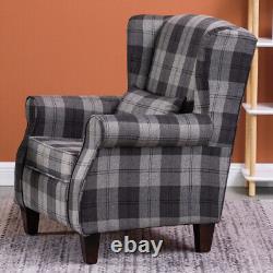 Fireside Wing Back Arm Chair Linen Checks Sofa Armchair Cushioned Seat with Pillow