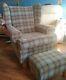 Fireside Wing Back Arm Chair & Foot Stool / Fabric / Wooden Legs