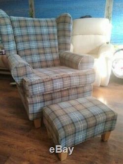 Fireside Wing Back Arm Chair & foot stool / Fabric / Wooden Legs