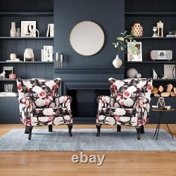Fireside Wing Back Arm Chairs Floral Fabric Lounge Sofa Studded Armchair +Pillow