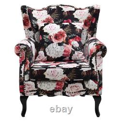 Fireside Wing Back Arm Chairs Floral Fabric Lounge Sofa Studded Armchair +Pillow