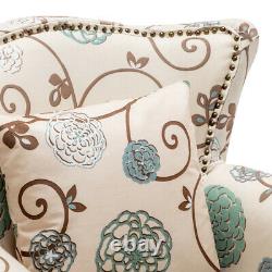 Floral Fabric Armchair Wing Back Rivet Chair Queen Anne Fireside Sofa Livingroom