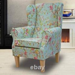 Floral Wingback Armchair Fireside Accent Handmade in Duck Egg Bird Cotton Fabric