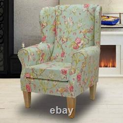 Floral Wingback Armchair Fireside Accent Handmade in Duck Egg Bird Cotton Fabric