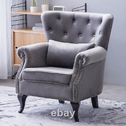 GREY Velvet Wingback Armchair Retro Buttoned Back Chesterfield Fireside Sofa UK