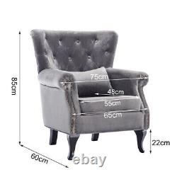 GREY Velvet Wingback Armchair Retro Buttoned Back Chesterfield Fireside Sofa UK