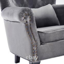 GREY Velvet Wingback Armchair Retro Buttoned Back Chesterfield Fireside Sofa UK