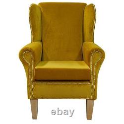 Gold Velvet Wingback Armchair Fireside Chair Studded Handmade Malta Fabric