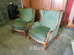Great pair of vintage French walnut framed armchairs, Wingback, fireside, boudoir