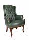 Green Antique Style High Back Chair Winged Armchair Fireside Queen Anne Leather