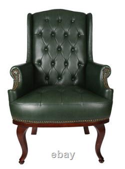 Green Antique Style High Back Chair Winged Armchair Fireside Queen Anne Leather